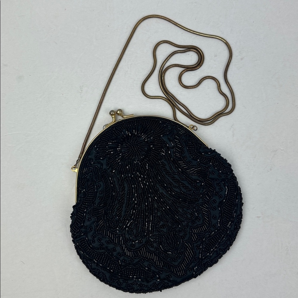 Vintage Black Silk Beaded Kiss Lock Clutch Purse - Picture 8 of 12
